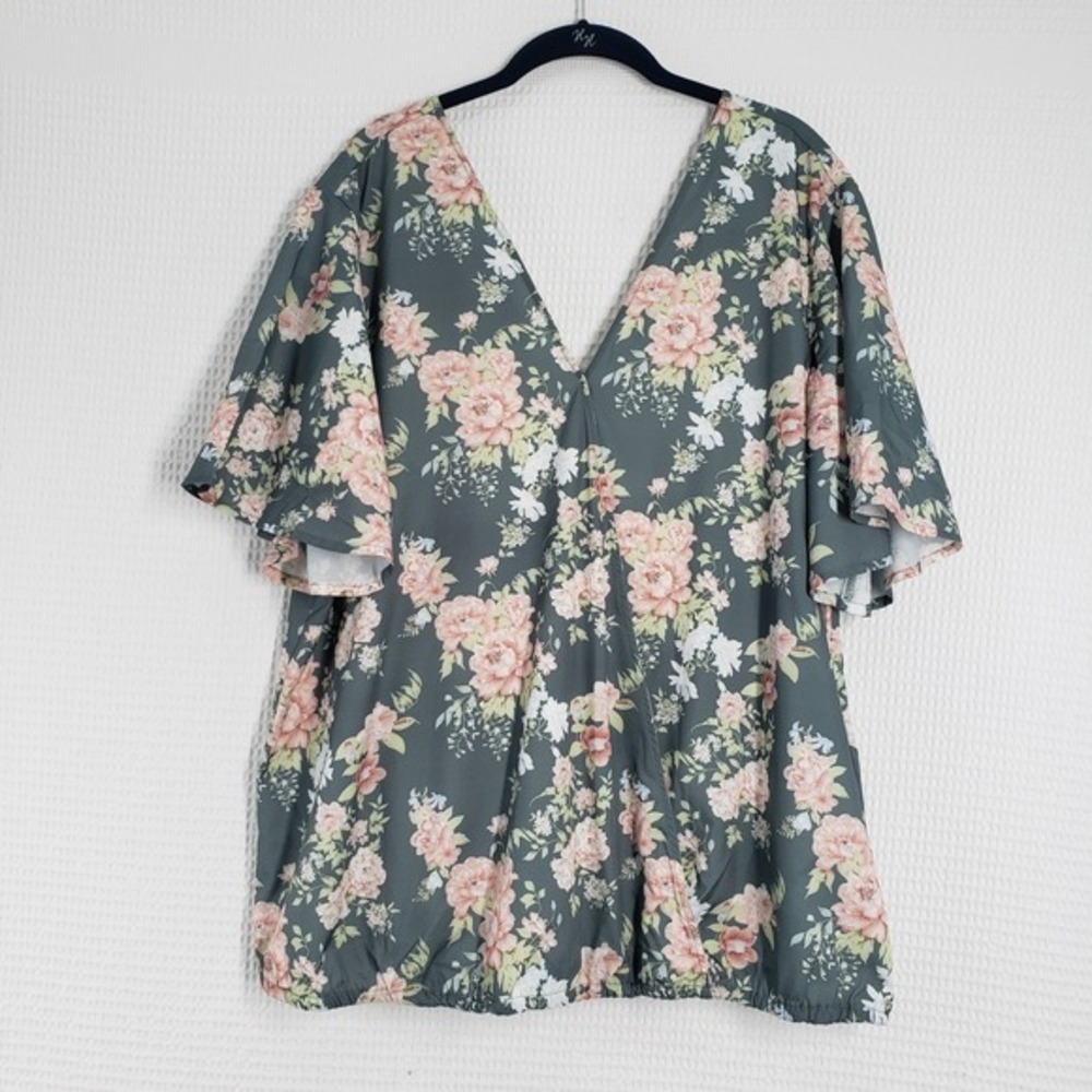Bloomchic Blouse Womens‎ 16 Green Floral Flutter Sleeve Wrap V-Neck Cottagecore